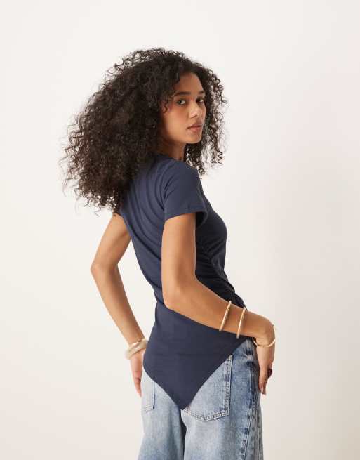 ASOS DESIGN ruched side asymmetric T-shirt in navy