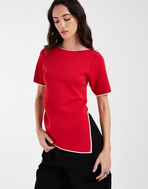 ASOS DESIGN ruched side asymmetric t-shirt in red with white tipping - view 1