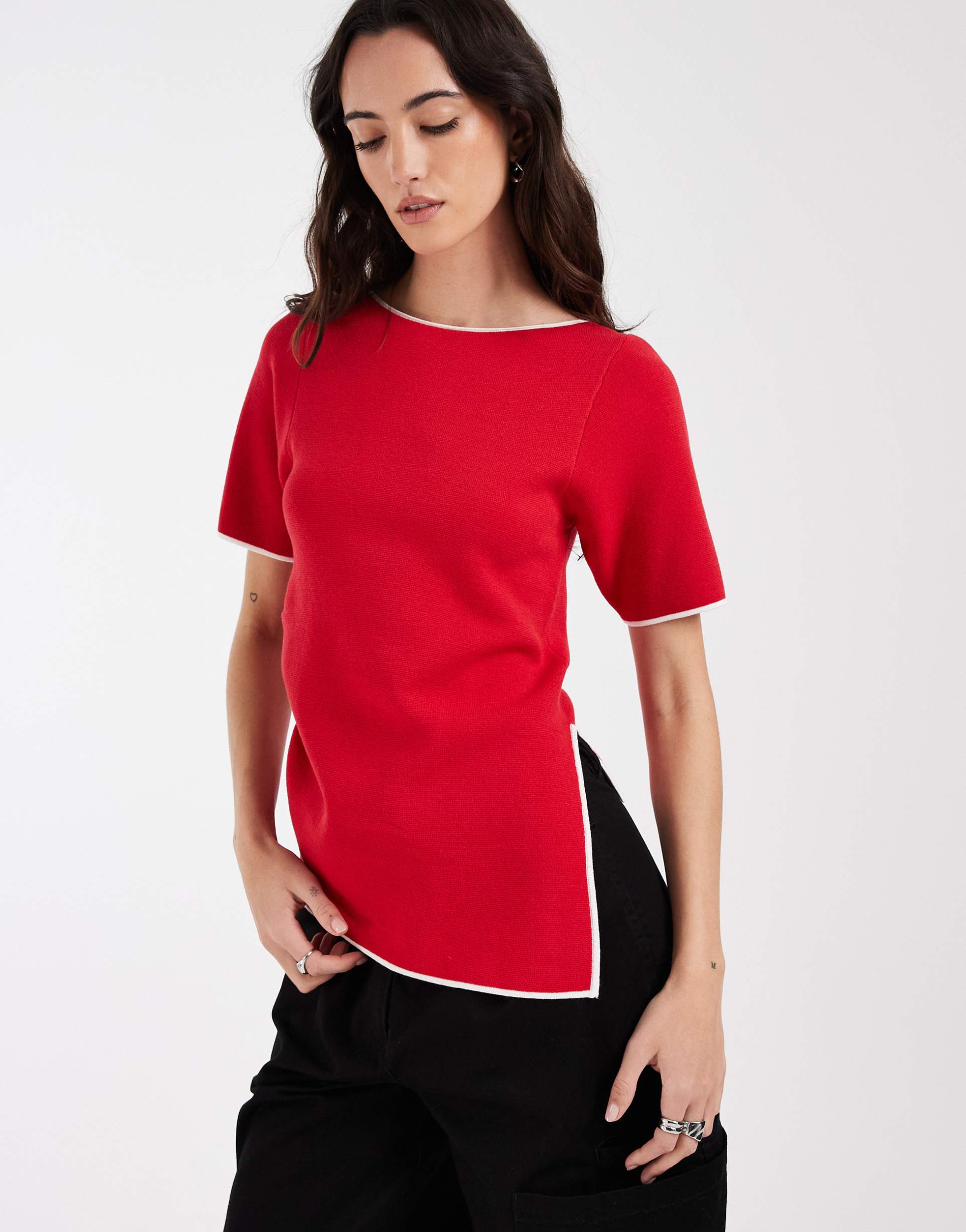 asos design ruched side asymmetric t-shirt in red with white tipping
