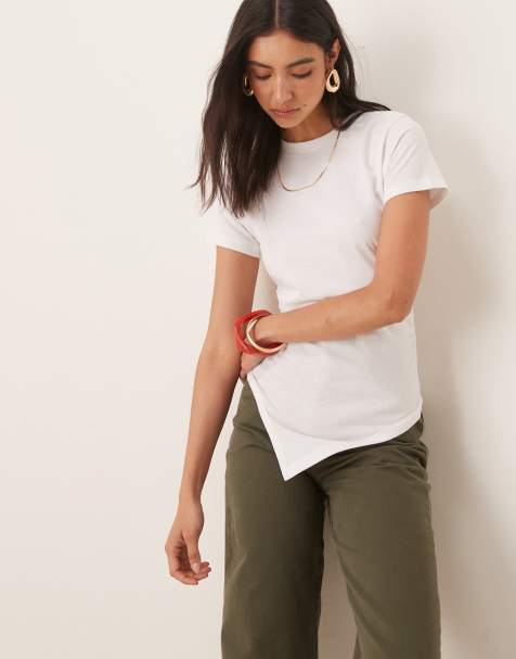 ASOS DESIGN ruched side asymmetric t-shirt in white - view 1