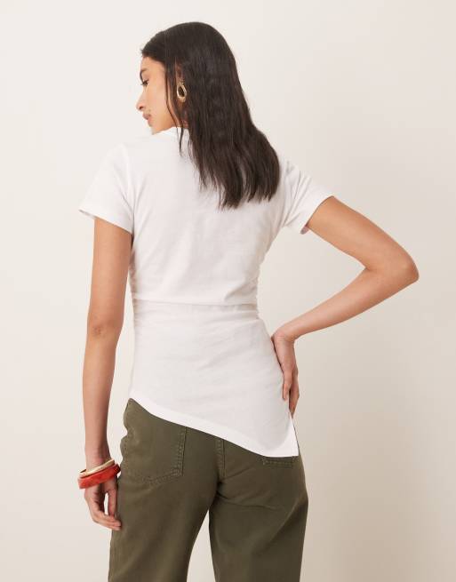 ASOS DESIGN ruched side asymmetric T-shirt in white