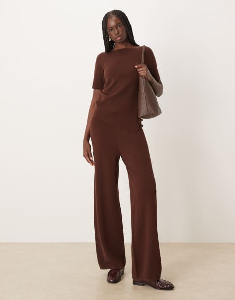 ASOS DESIGN ruched side asymmetric t-shirt & structured trouser co-ord in chocolate - view 1