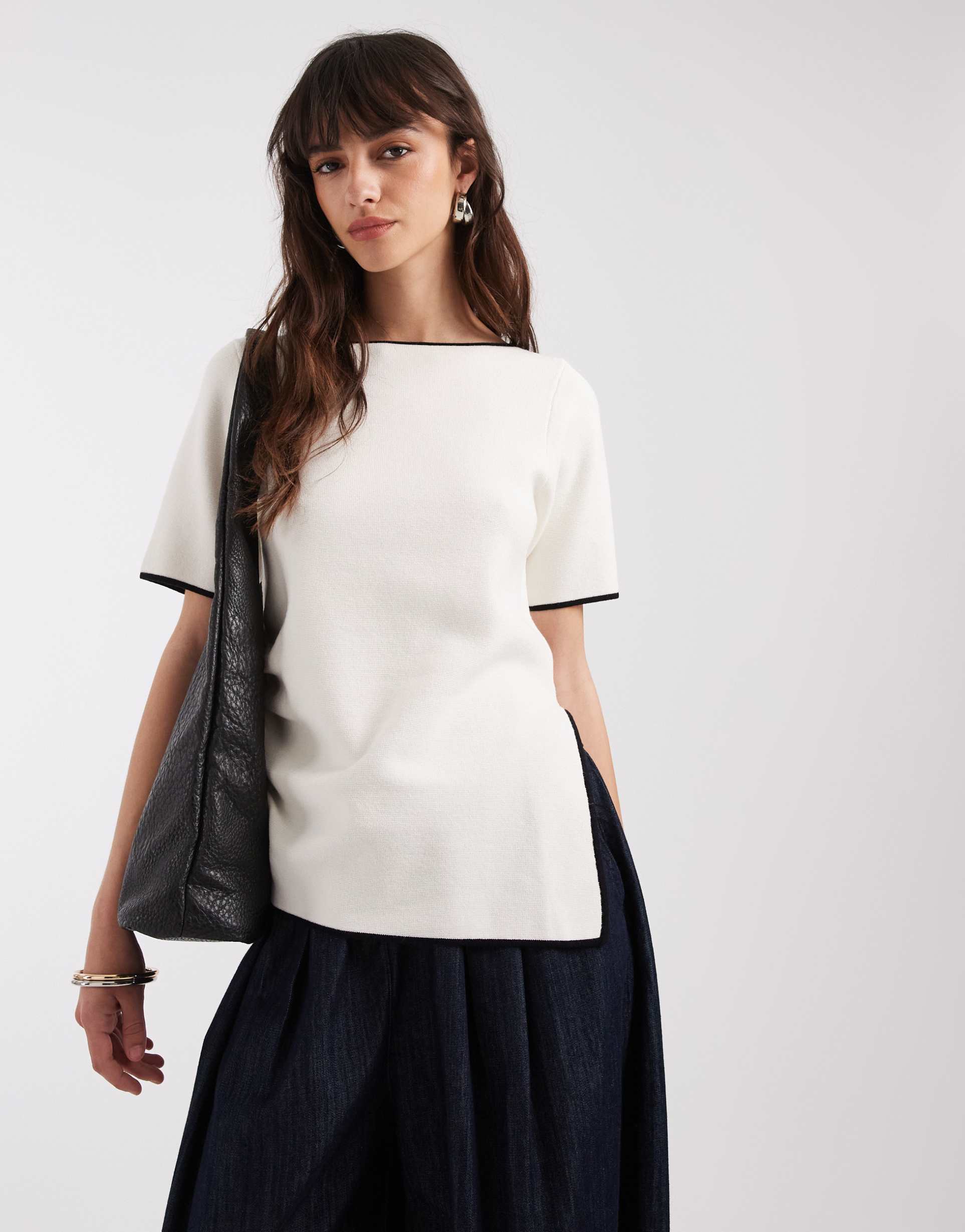 asos design ruched side aysmmetric t-shirt in white with black tipping