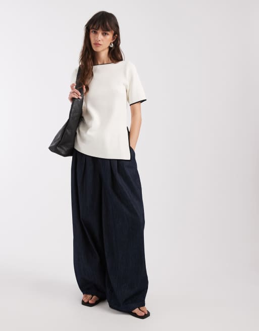ASOS DESIGN ruched side aysmmetric t-shirt in white with black tipping, 2 of 4