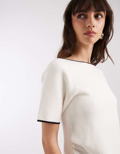 ASOS DESIGN ruched side aysmmetric t-shirt in white with black tipping, 3 of 4