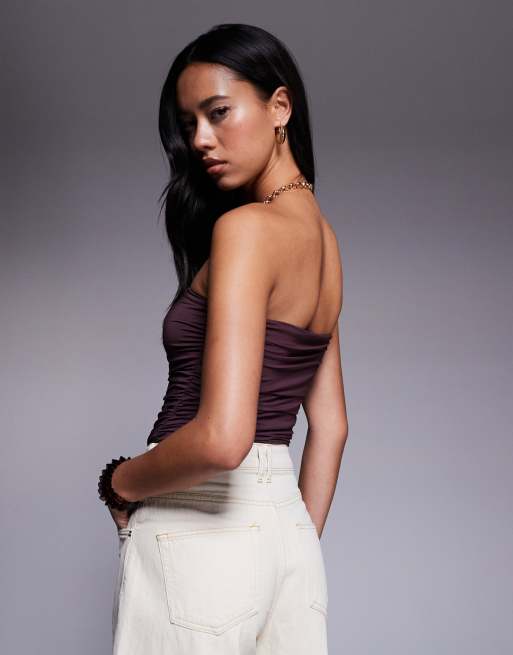 ASOS DESIGN ruched side bandeau bodysuit in slinky in brown , 3 of 4