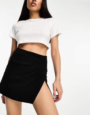 Asos Design Bengaline Micro Mini Skirt With Super High Slit In Black In Black