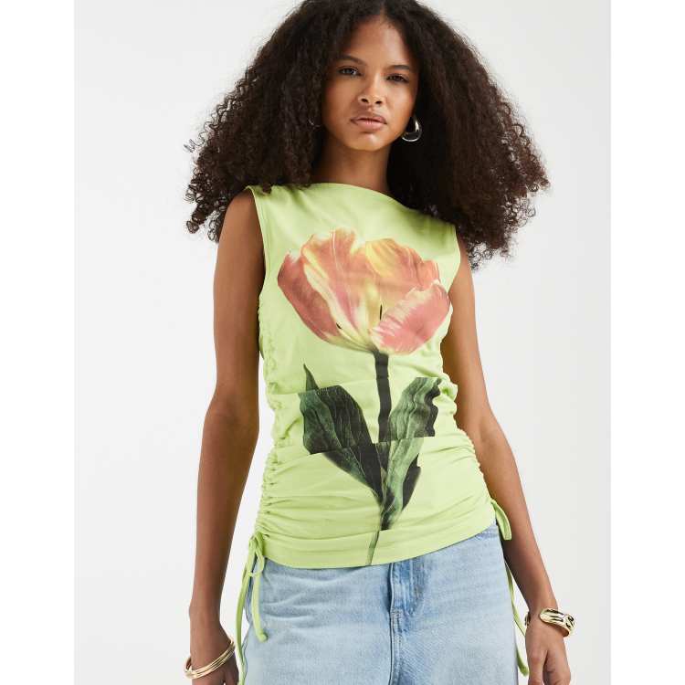 ASOS DESIGN ruched side boat neck tank top with flower graphic in