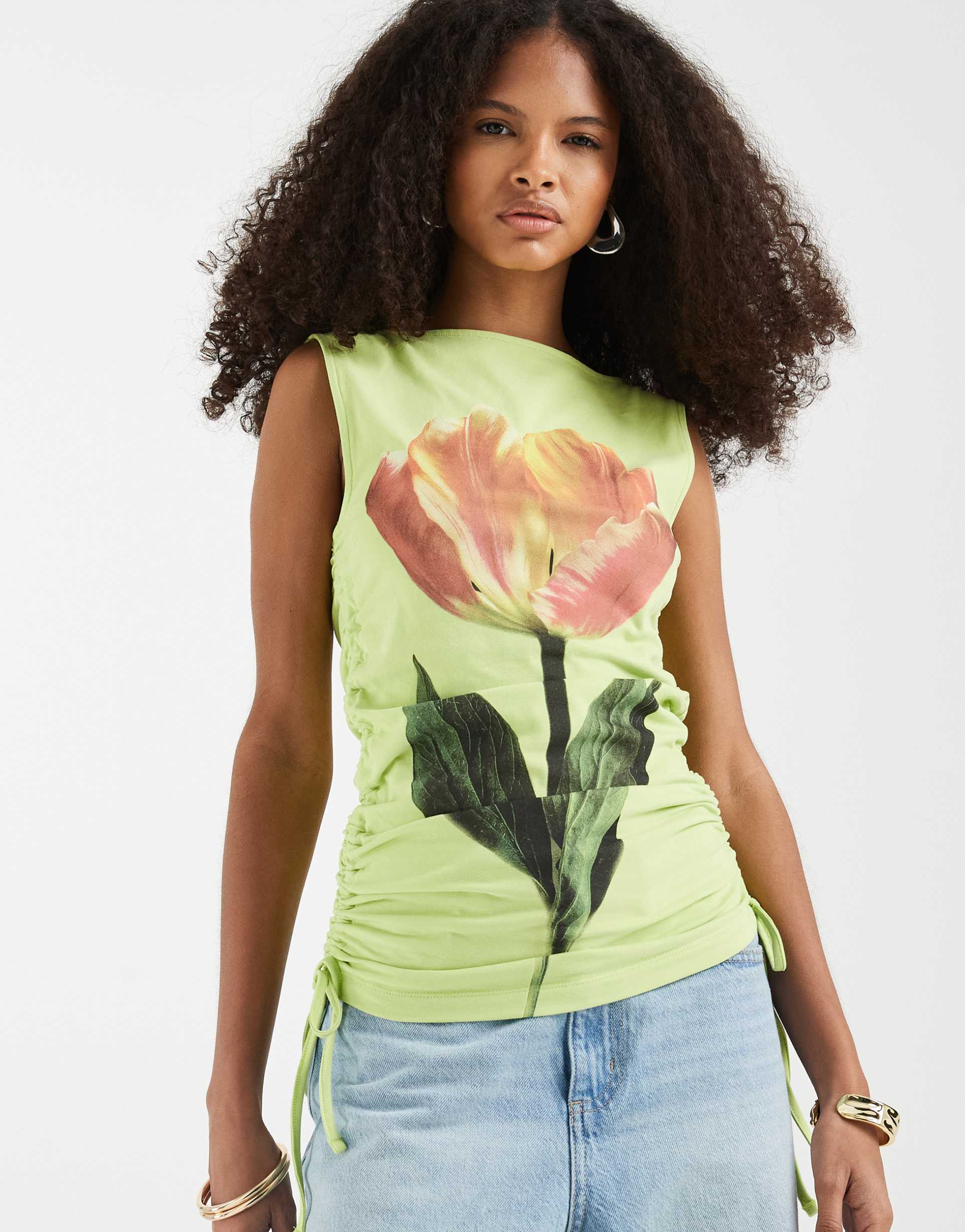 asos design ruched side boat neck tank top with flower graphic in pale green