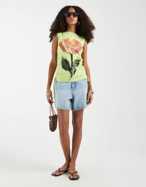 ASOS DESIGN ruched side boat neck tank top with flower graphic in pale green, 2 of 4