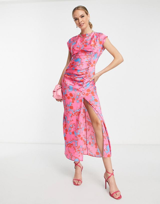 ASOS DESIGN ruched side button cap sleeve satin maxi dress in pink based floral print
