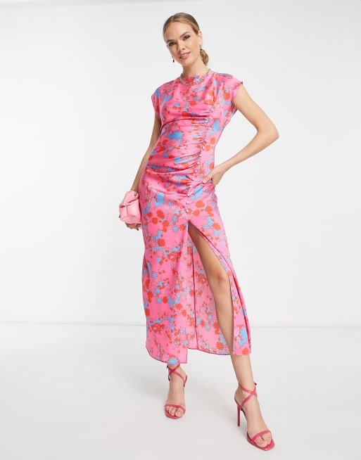 ASOS DESIGN ruched side button cap sleeve satin maxi dress in pink based  floral print