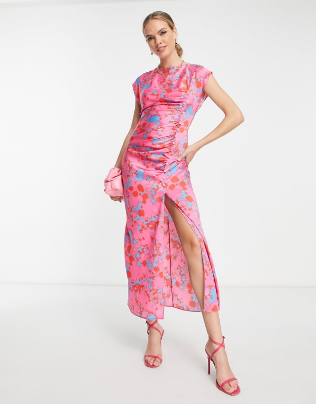 ASOS DESIGN ruched side button cap sleeve satin maxi dress in pink based floral print