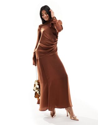 ASOS DESIGN ruched side cowl neck maxi dress with asymmetric tier in chocolate