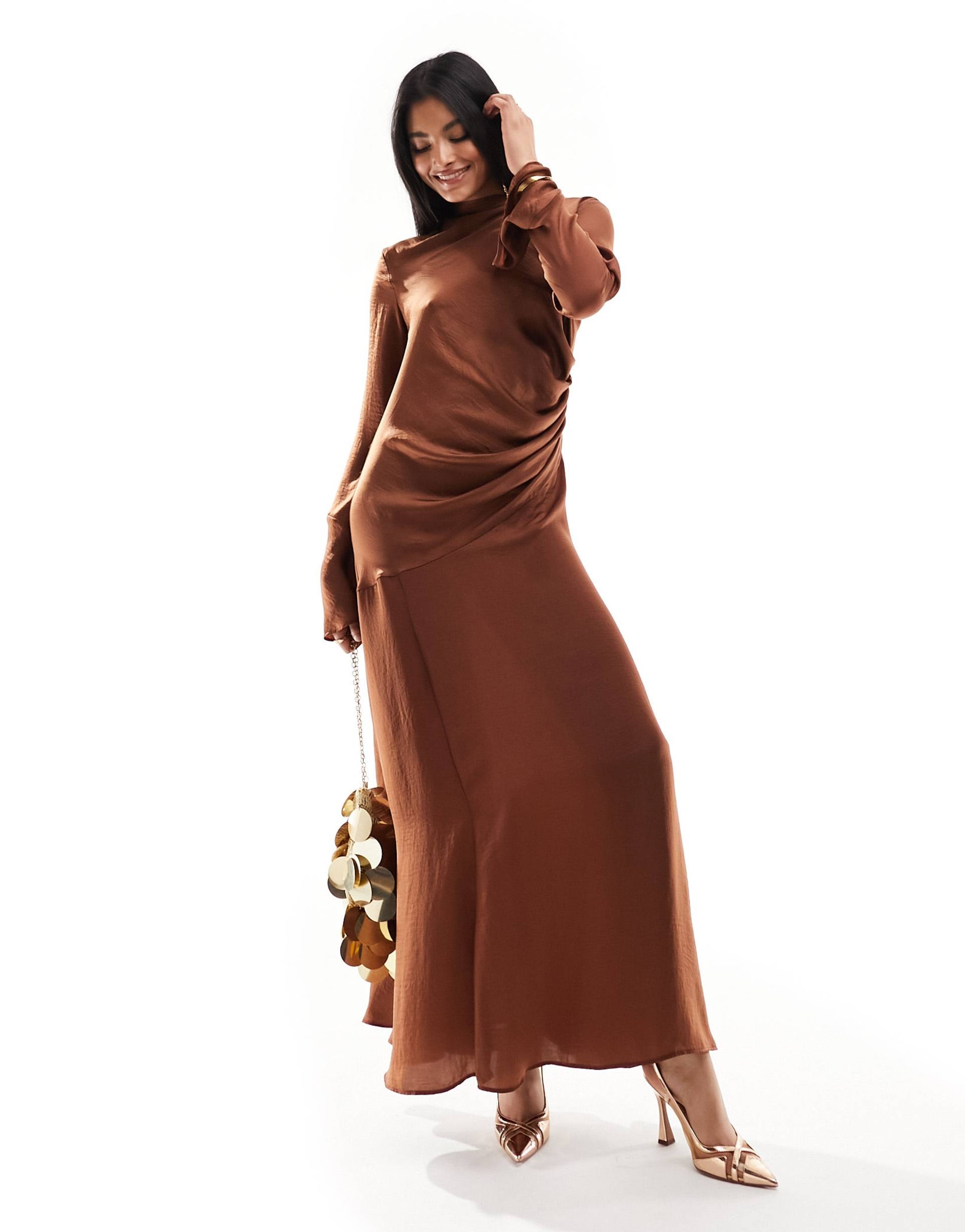 asos design ruched side cowl neck maxi dress with asymmetric tier in chocolate