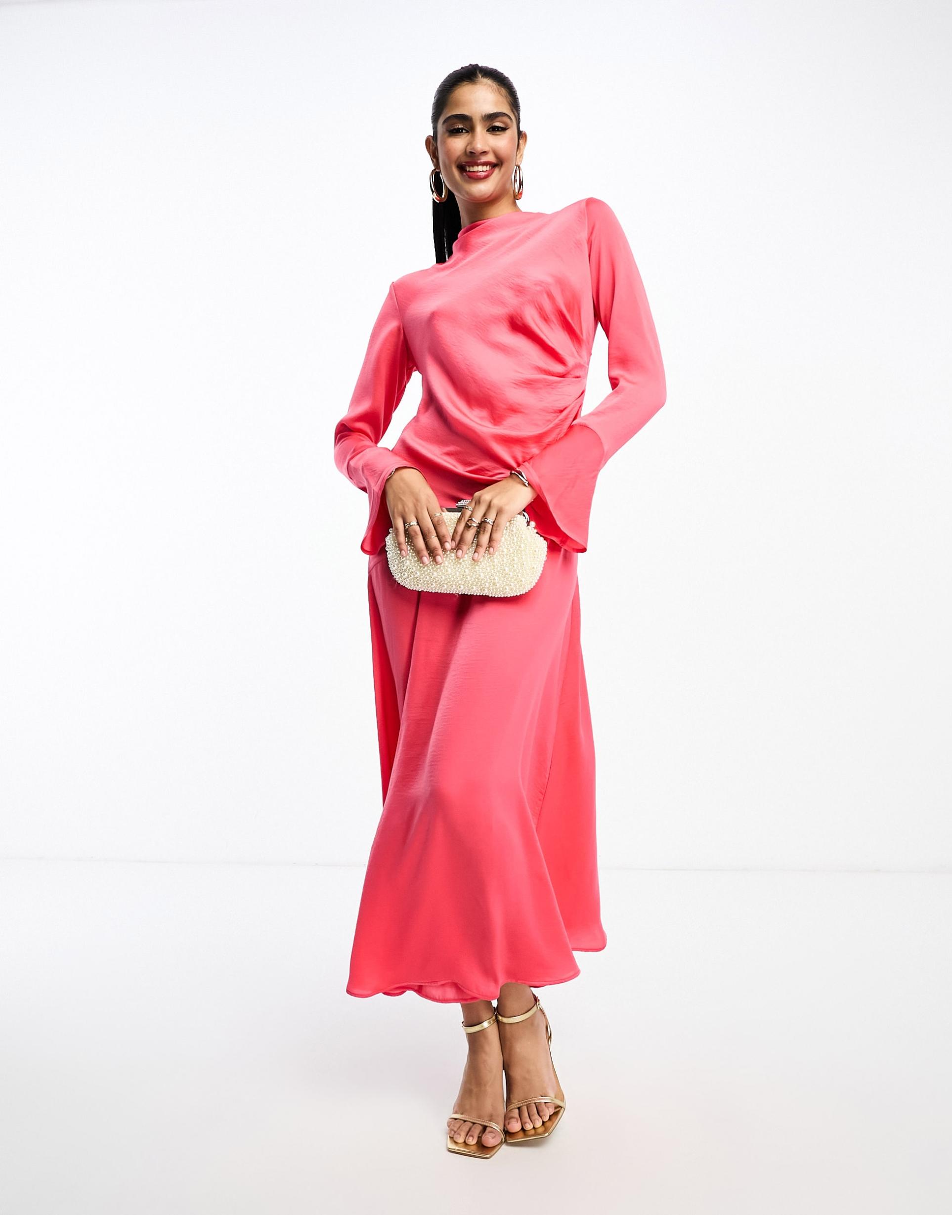 asos design ruched side cowl neck maxi dress with asymmetric tier in hot pink