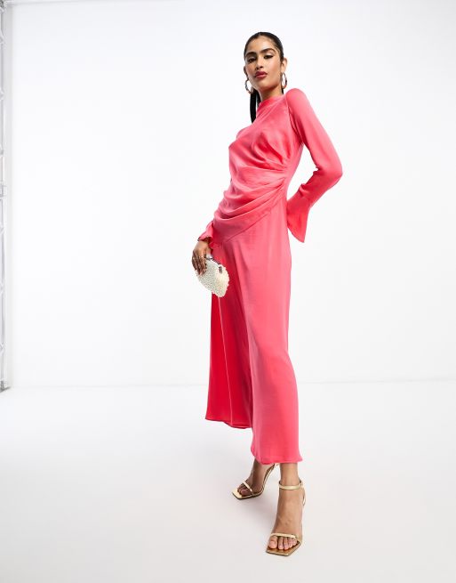 ASOS DESIGN ruched side cowl neck maxi dress with asymmetric tier in hot  pink