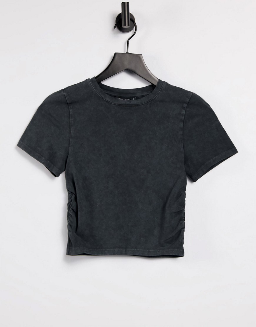 ASOS DESIGN ruched side crop fitted t-shirt in washed black-Grey