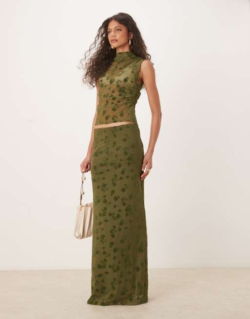 ASOS DESIGN ruched side high neck flocked mesh co ord top in olive, 4 of 4