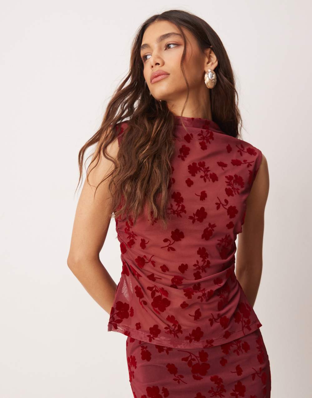 ASOS DESIGN ruched side high neck flocked mesh co ord top in red