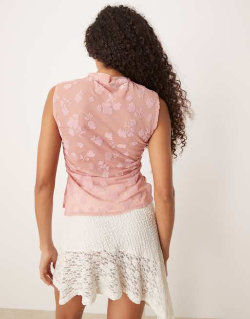 ASOS DESIGN ruched side high neck flocked mesh top in pink