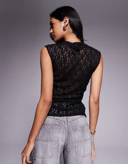 ASOS DESIGN ruched side high neck lace top in black - part of a set, 4 of 4