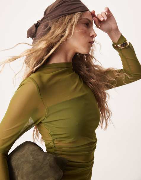 ASOS DESIGN ruched side high neck long sleeve top in olive - view 1