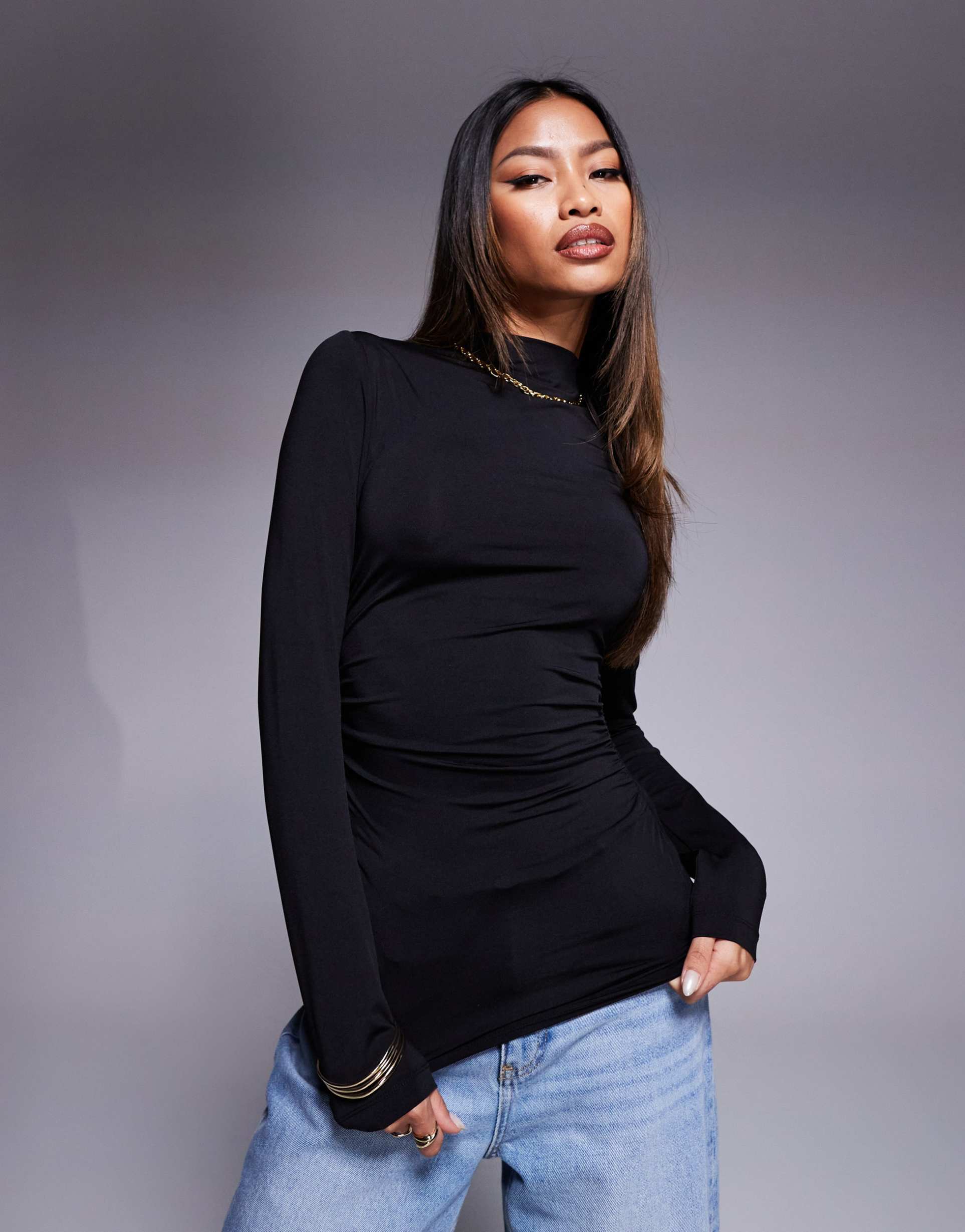 asos design ruched side high neck polyamide top in black
