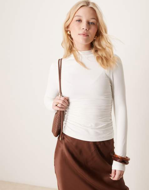 ASOS DESIGN ruched side high neck polyamide top in cream - view 1