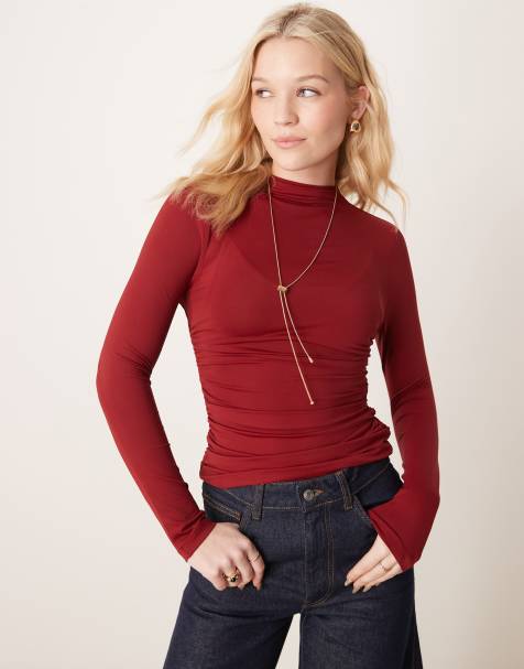 ASOS DESIGN ruched side high neck polyamide top in wine - view 1