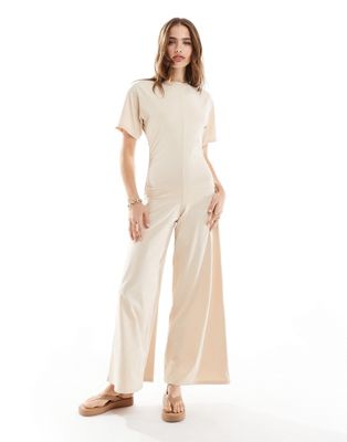 Asos Design Ruched Side Jumpsuit With Wide Leg In Stone-neutral