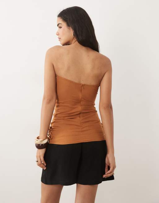 ASOS DESIGN ruched side linen bandeau top in camel, 2 of 4