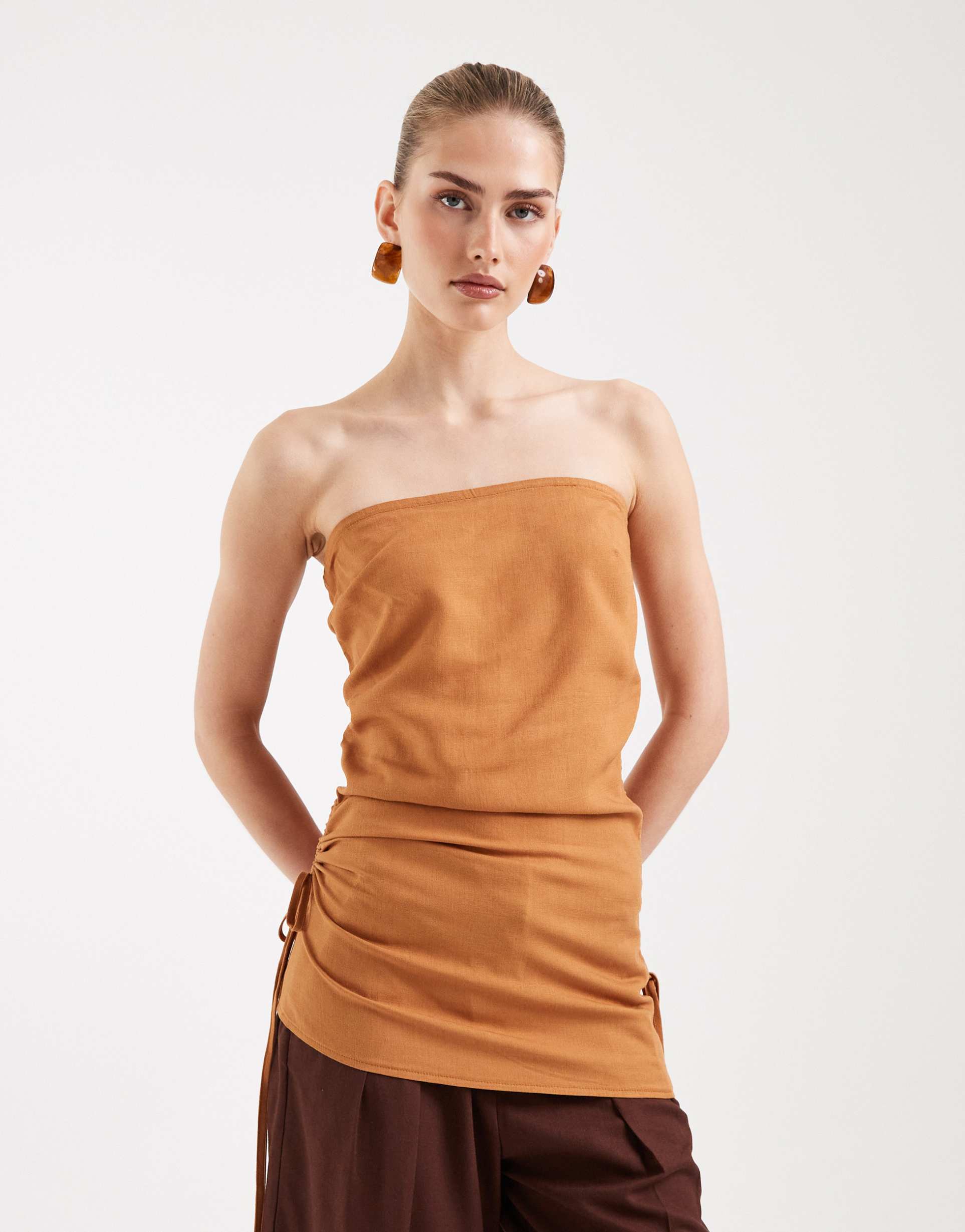 asos design ruched side linen blend bandeau top in camel