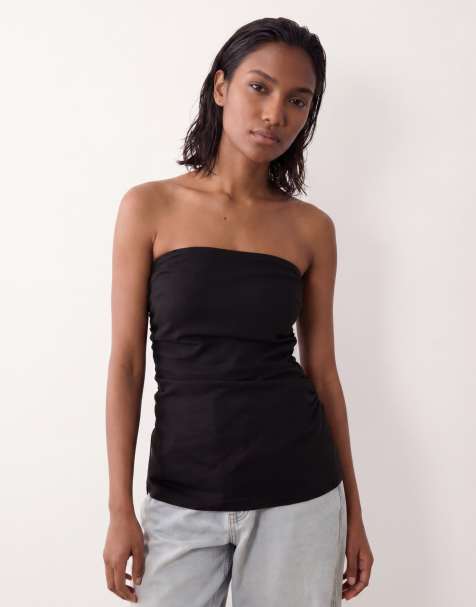 ASOS DESIGN ruched side linen mix bandeau top in black - view 1