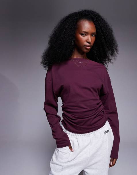 ASOS DESIGN ruched side long sleeve tee in dark plum - view 1