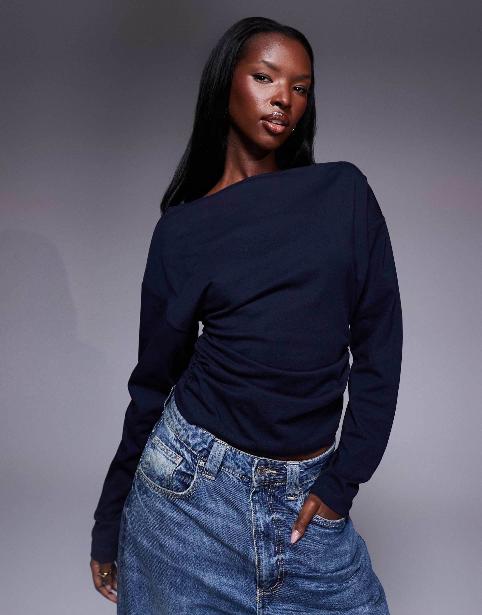 asos design ruched side long sleeve tee in navy