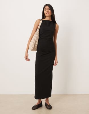 Asos Design Ruched Side Midi Dress With Slash Neck In Black