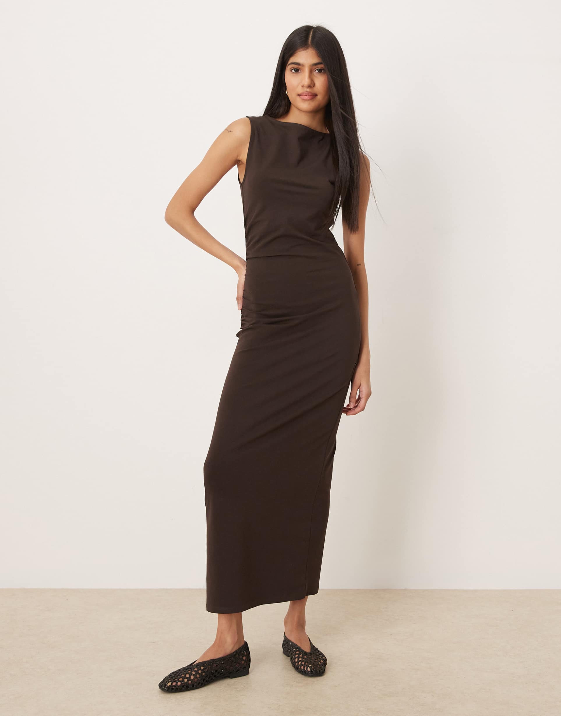 asos design ruched side midi dress with slash neck in chocolate