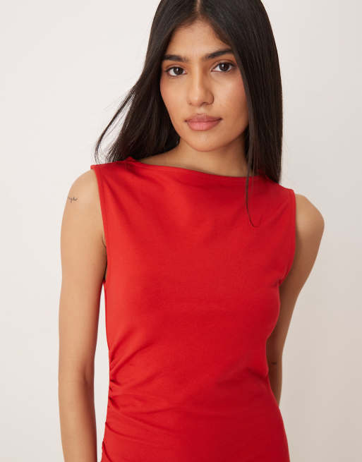 ASOS DESIGN ruched side midi dress with slash neck in red, 4 of 4