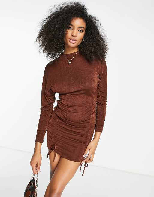 Taupe Ruched Crew Neck Oversized Sweatshirt Dress