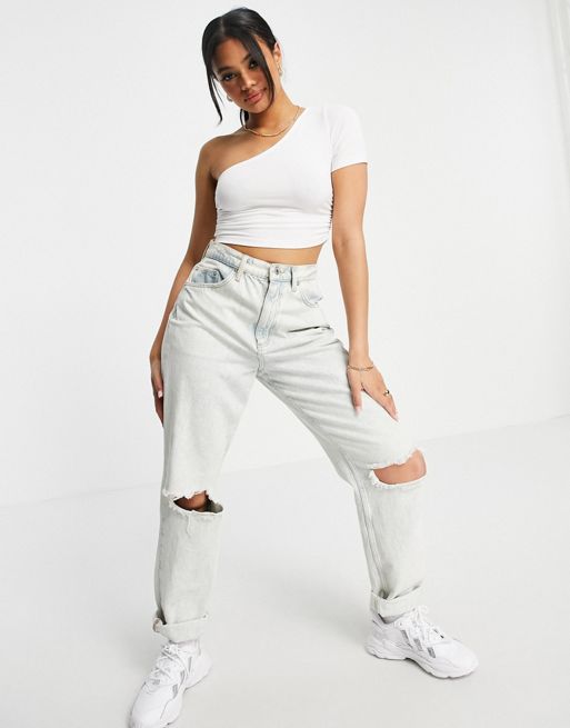 ASOS DESIGN long sleeve fitted crop top with ruched sides in white