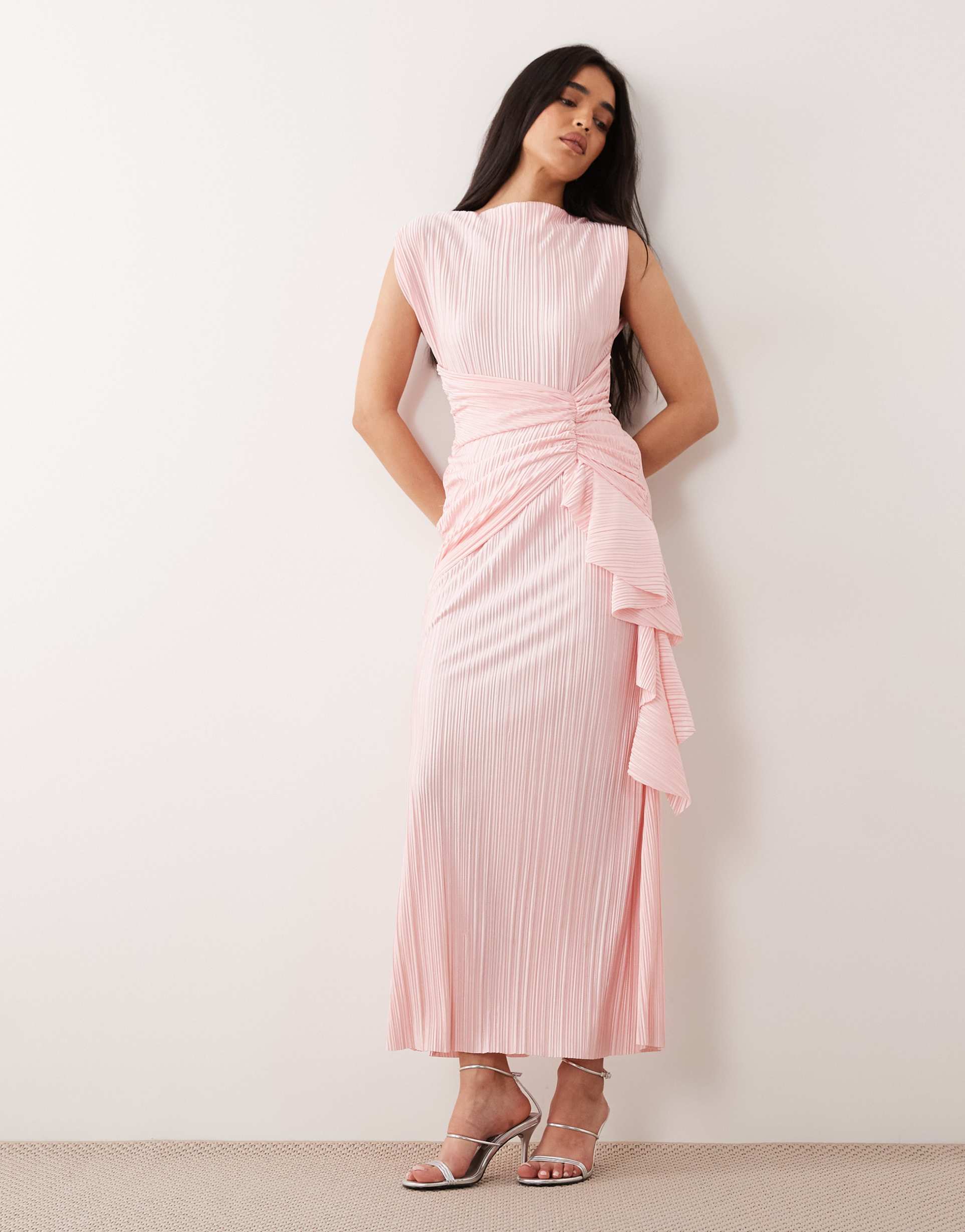 asos design ruched side plisse maxi dress with frill detail in baby pink