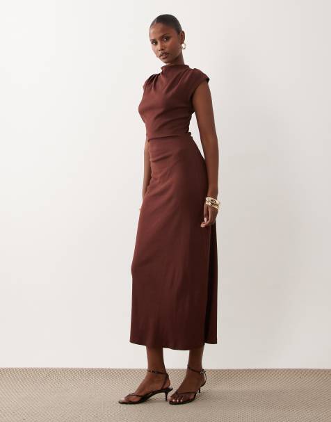 ASOS DESIGN ruched side ribbed midi dress in brown - view 1