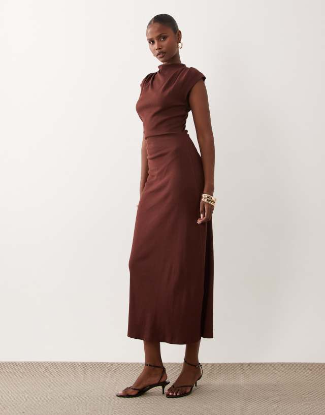 brown midi ribbed dress ASOS DESIGN ruched side in 58 Bust SIZE_L-016 Blue And White Dress Color:Blue/Purple