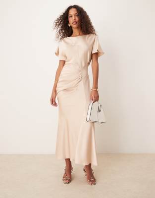 ASOS DESIGN ruched side satin midi dress with flutter sleeve in cream-White