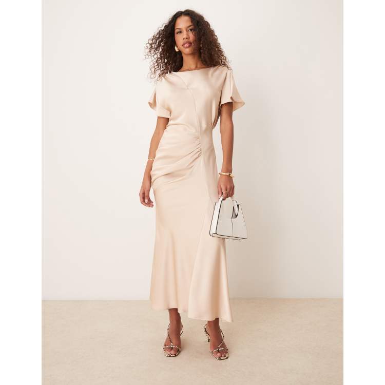 asos design flutter sleeve ruched corset detail tiered midi dress ASOS DESIGN ruched side satin midi dress with flutter sleeve in cream