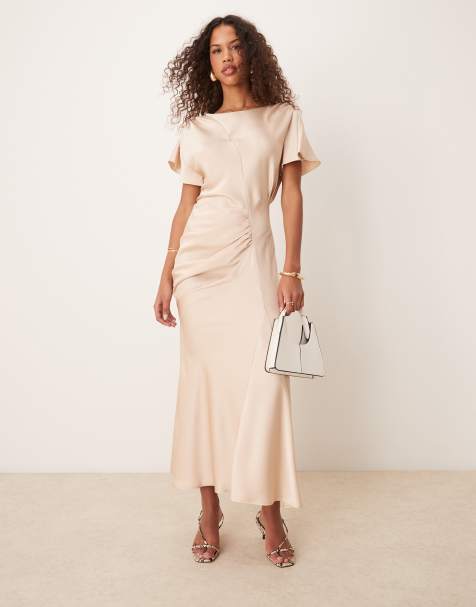 ASOS DESIGN ruched side satin midi dress with flutter sleeve in cream