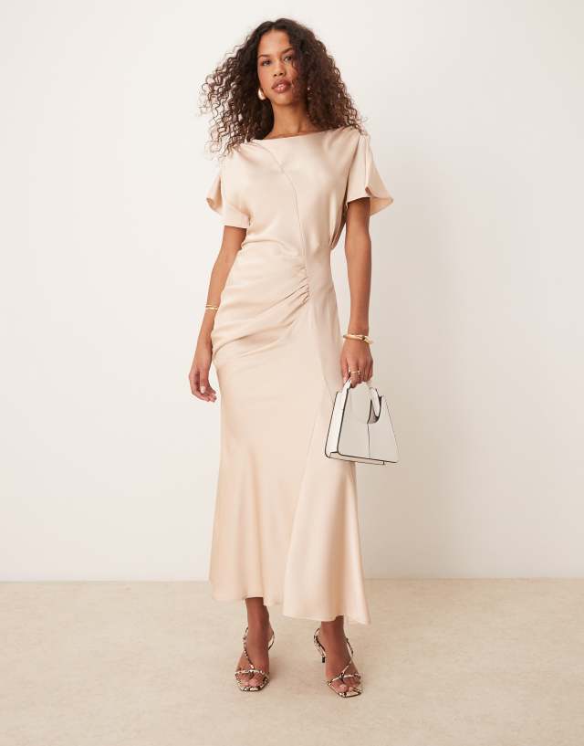 asos design flutter sleeve ruched corset detail tiered midi dress side satin with sleeves in cream boohoo Women's Plus Chiffon The ASOS DESIGN flutter CALL ME POLKA Kid US Size:11-12 Years