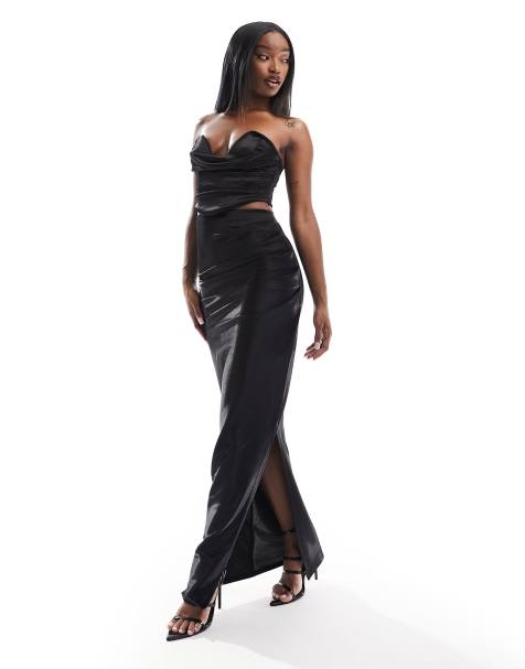 ASOS DESIGN ruched side satin twill maxi skirt in black - part of a set - view 1