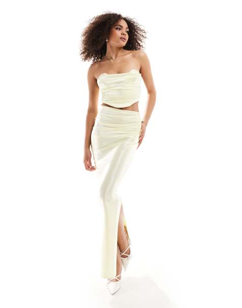 ASOS DESIGN ruched side satin twill maxi skirt in lemon - part of a set - view 1